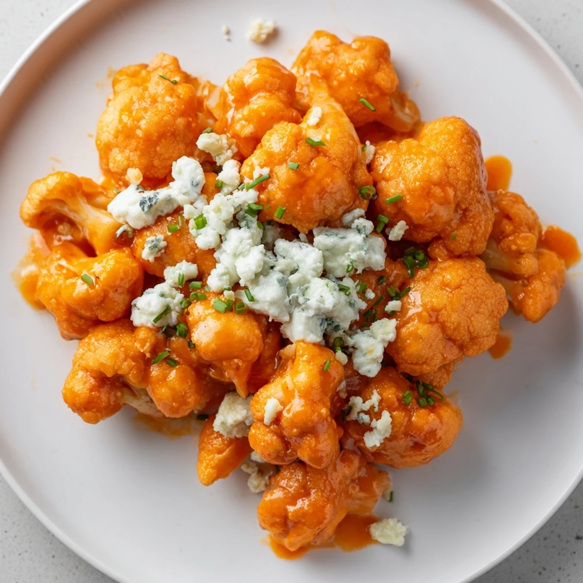 Crispy baked Buffalo Cauliflower Wings tossed in tangy sauce, served with creamy blue cheese dip and crisp vegetable sticks.  