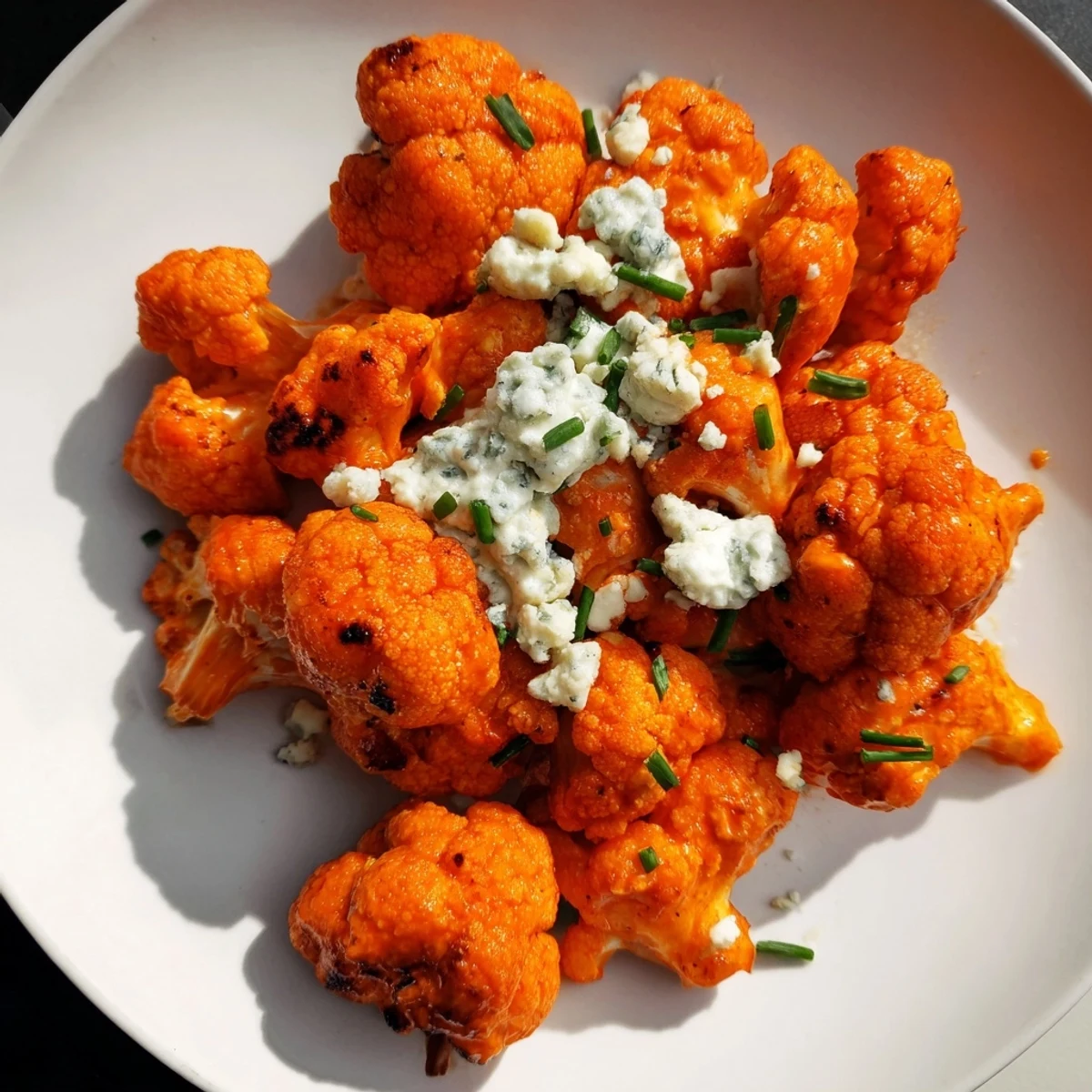 A close-up of golden, crispy Buffalo Cauliflower Wings with Blue Cheese dip and celery, perfect for a vegetarian appetizer spread.