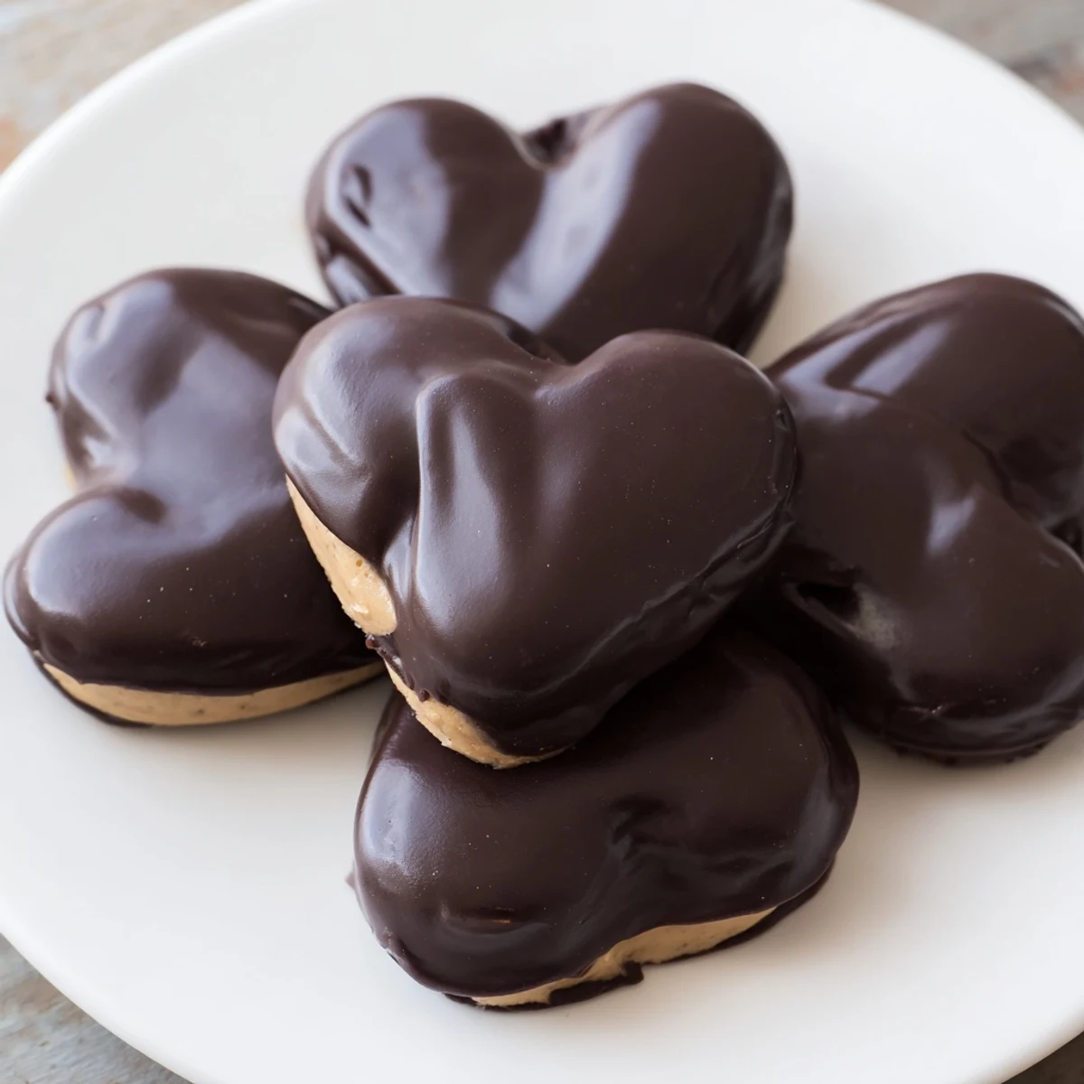 Homemade Chocolate Peanut Butter Hearts with smooth dark chocolate shells, glistening on a marble counter.  