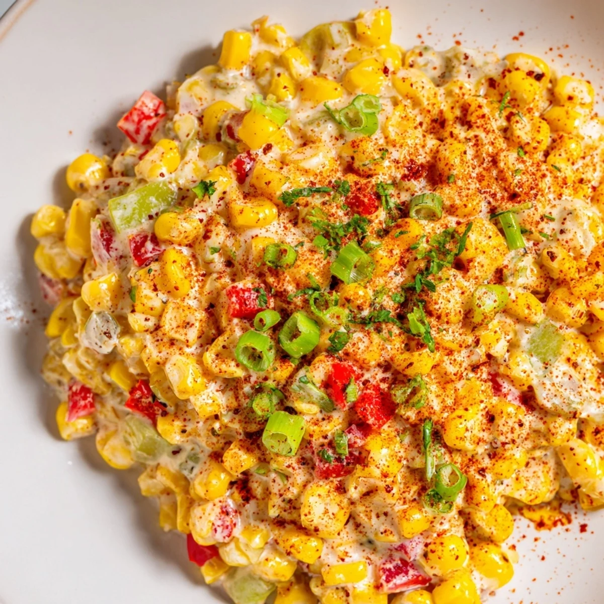 Savory Creole Corn Maque Choux with peppers garnished with fresh green onions and parsley.  