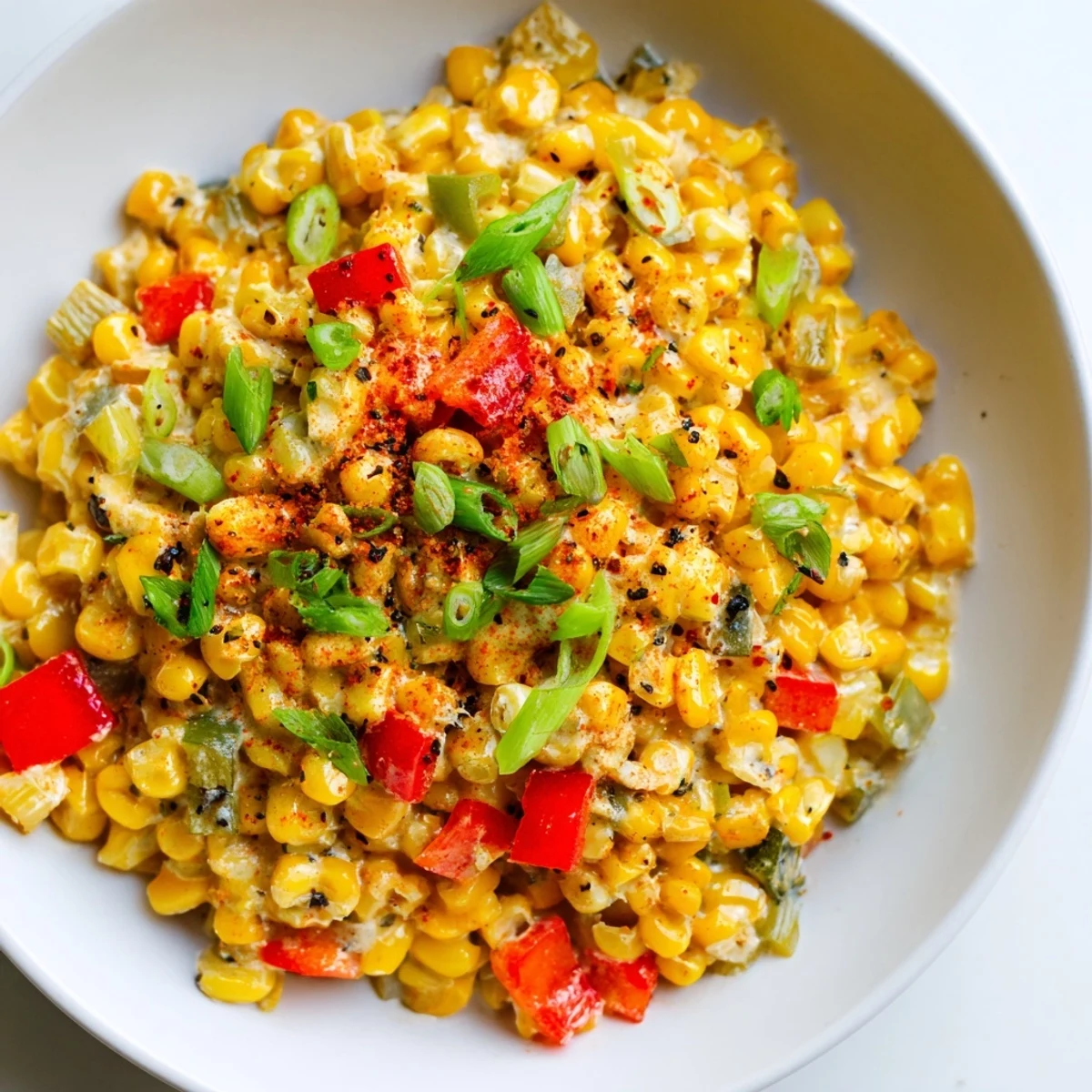 Vibrant Creole Corn Maque Choux with peppers and onions, a vegetarian Louisiana side dish.