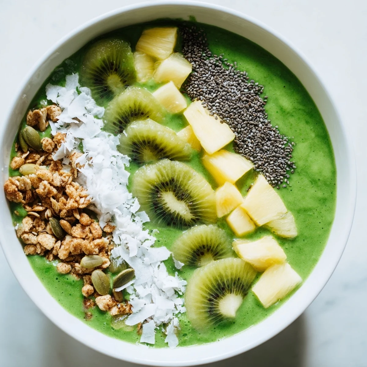 A close-up of a vibrant green smoothie bowl topped with diced pineapple, kiwi, granola, and seeds.