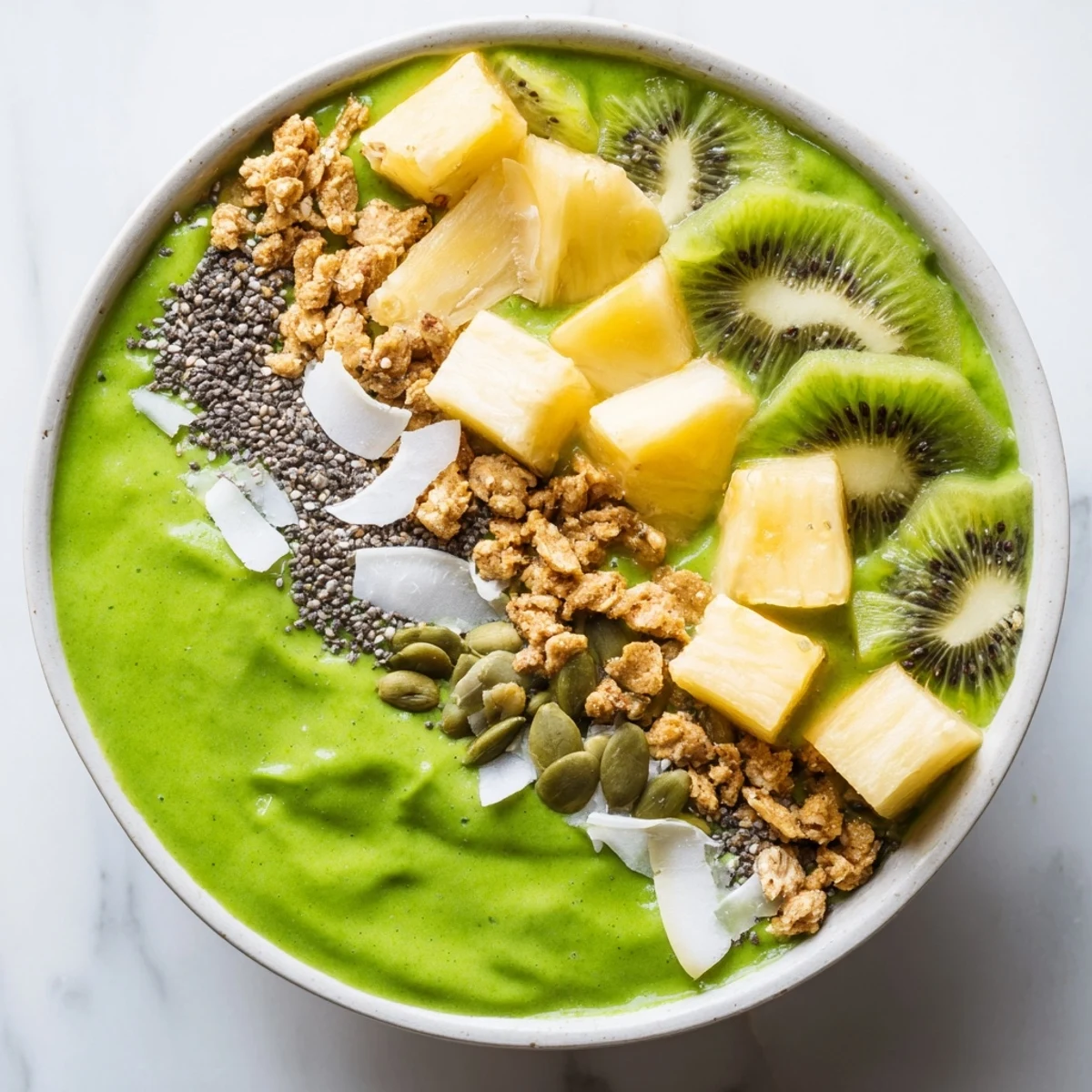 An overhead view of a refreshing smoothie bowl featuring a creamy spinach and pineapple base with colorful toppings.