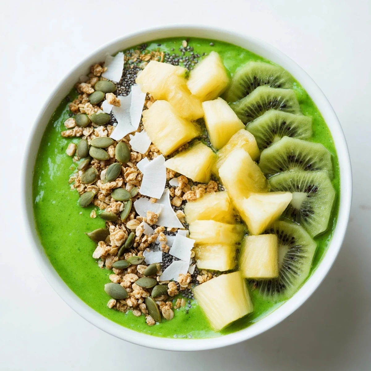 Two servings of a nutritious green smoothie bowl made with spinach and pineapple, topped with fresh fruit and crunchy granola.