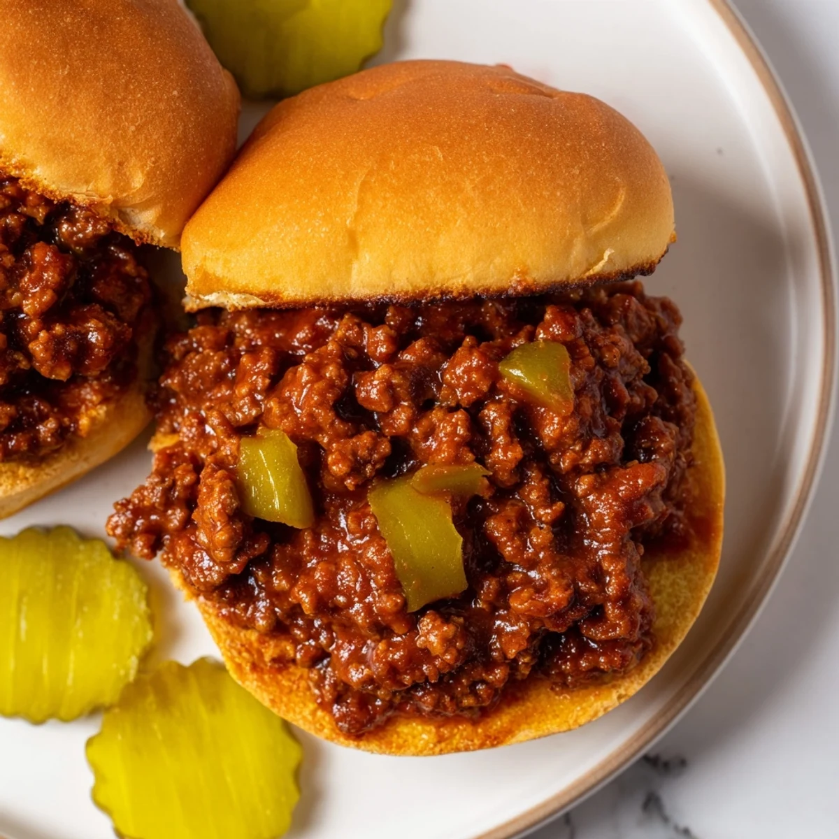 Toasted hamburger buns piled high with saucy, savory sloppy joes, topped with crunchy pickles for a classic American dinner.