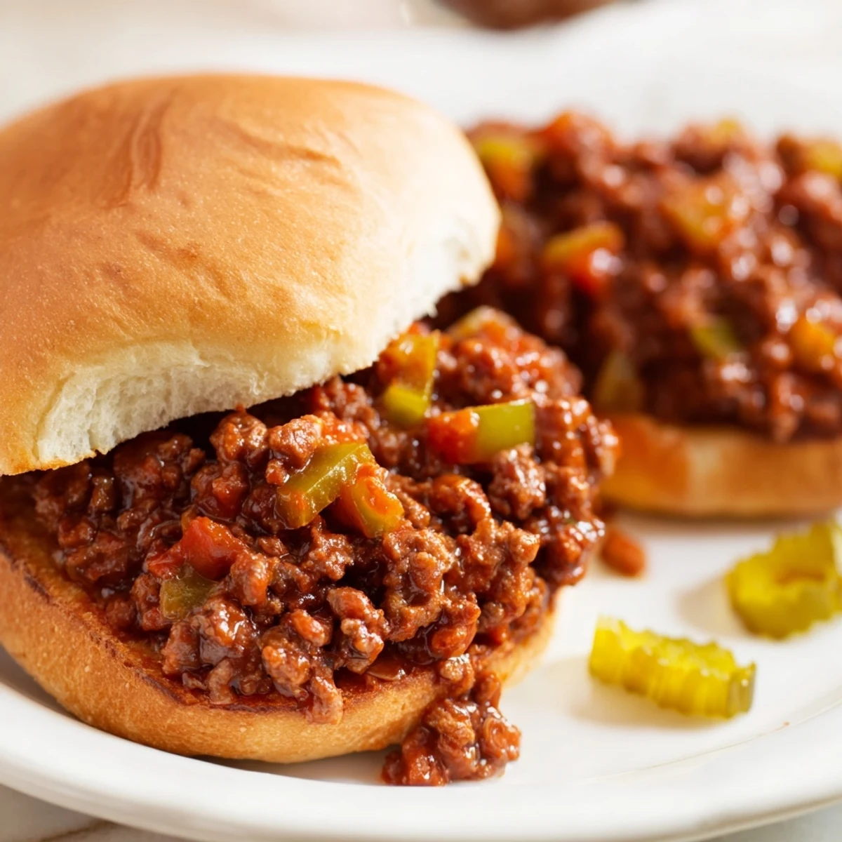 A close-up of toasted buns filled with a rich, tangy sloppy joe mixture, perfect for a family weeknight meal.