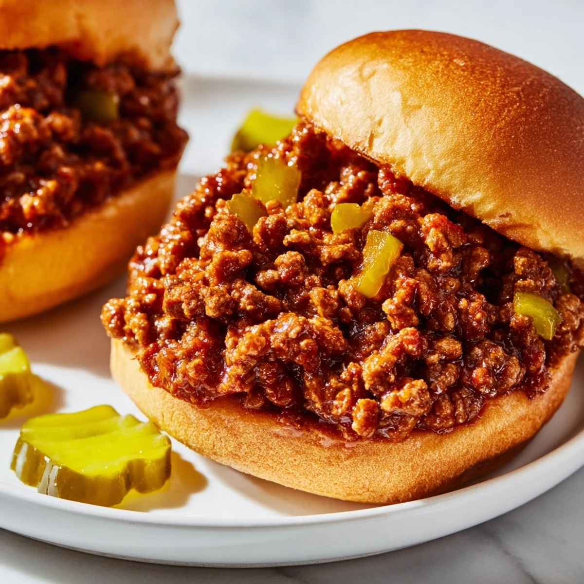 Hearty sloppy joes on golden-toasted buns, served hot and ready to enjoy with your favorite side dish.