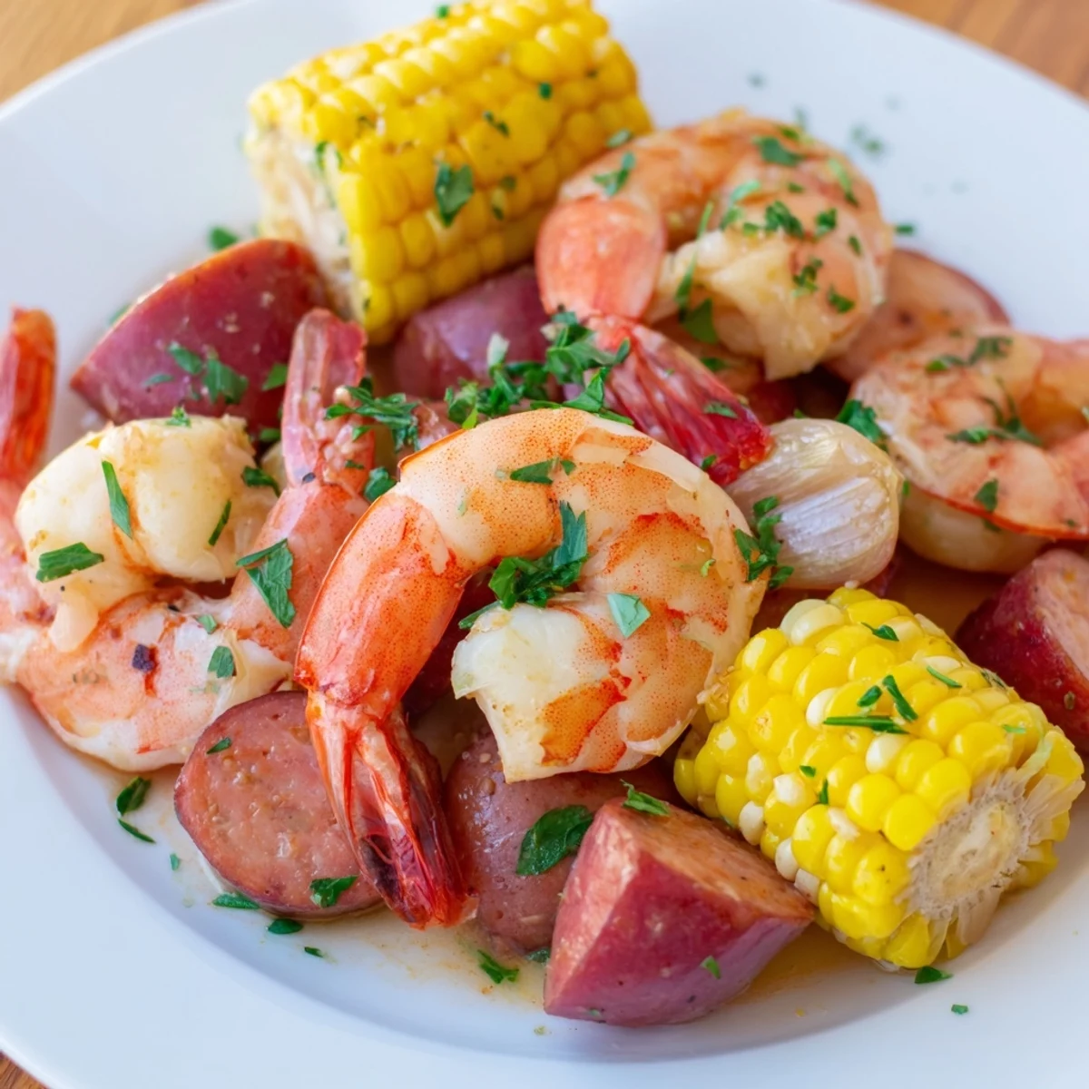 A vibrant Mardi Gras Shrimp Boil features succulent shrimp, sweet corn on the cob, tender potatoes, and spicy Andouille sausage piled high on a platter.