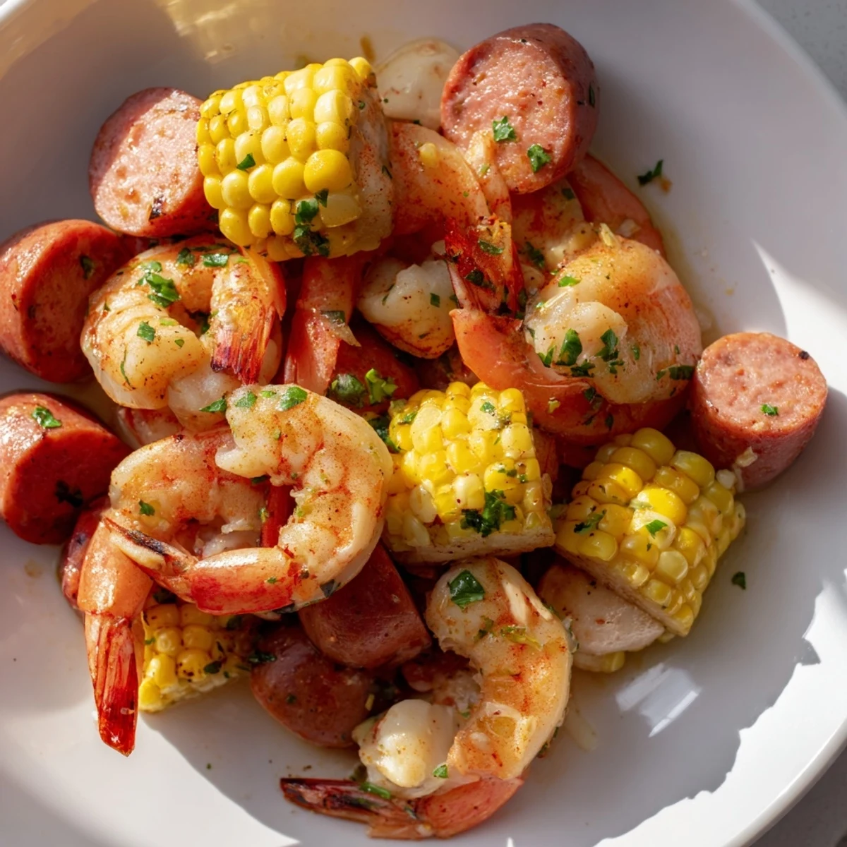 Golden corn cobs and pink shrimp shine beside smoky sausage in this festive Mardi Gras Shrimp Boil, ready to be drenched in melted butter.
