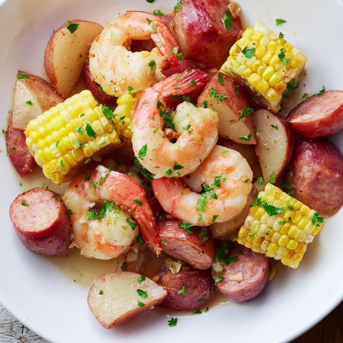 Serving suggestion: a rustic table spread with Mardi Gras Shrimp Boil, showcasing corn on the cob, red potatoes, and juicy shrimp perfect for sharing.