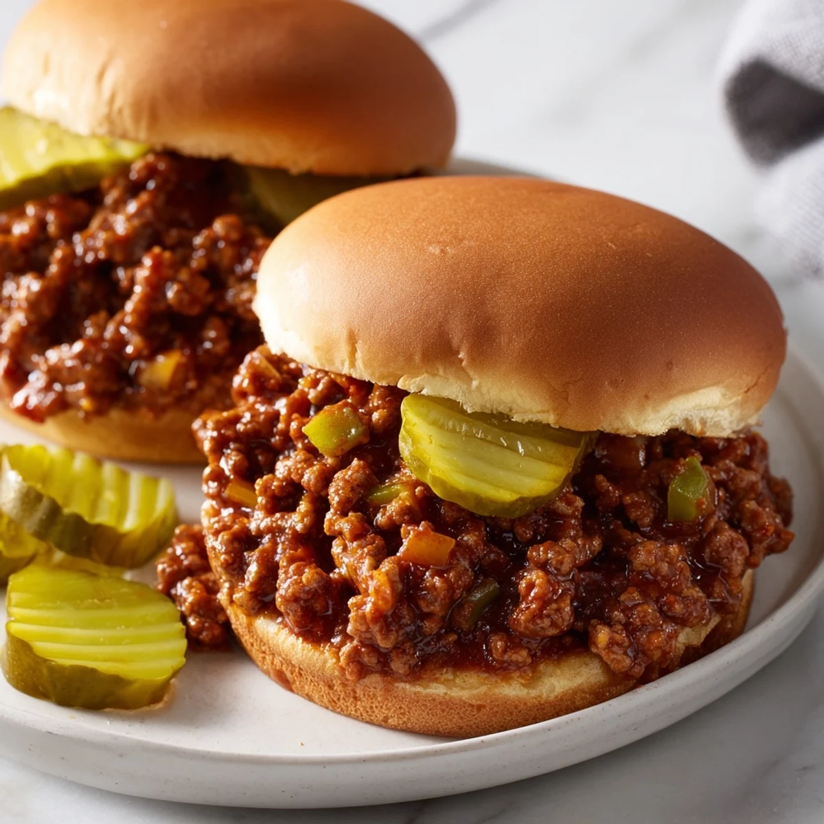 Golden brown toasted buns filled with saucy, savory Sloppy Joes and topped with crunchy dill pickle slices.