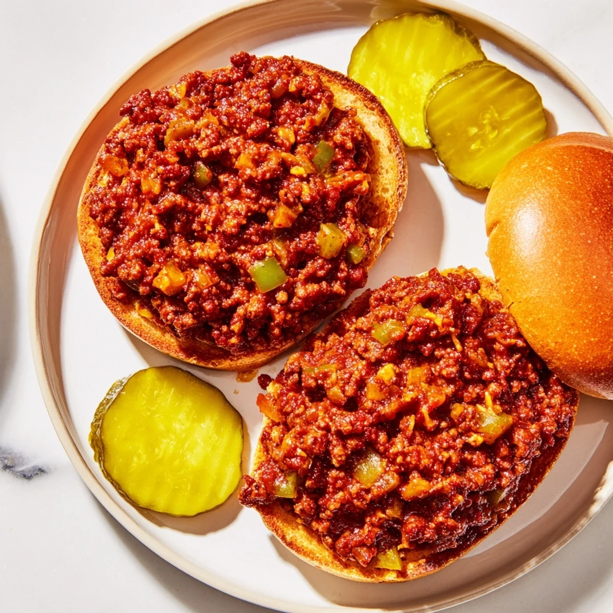 Toasted burger buns holding a hearty serving of homemade Sloppy Joes and tangy pickles.