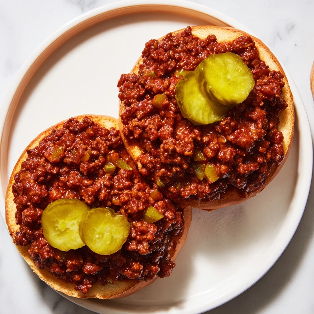 Close-up of a messy but delicious Sloppy Joe sandwich on a toasted bun with pickles.