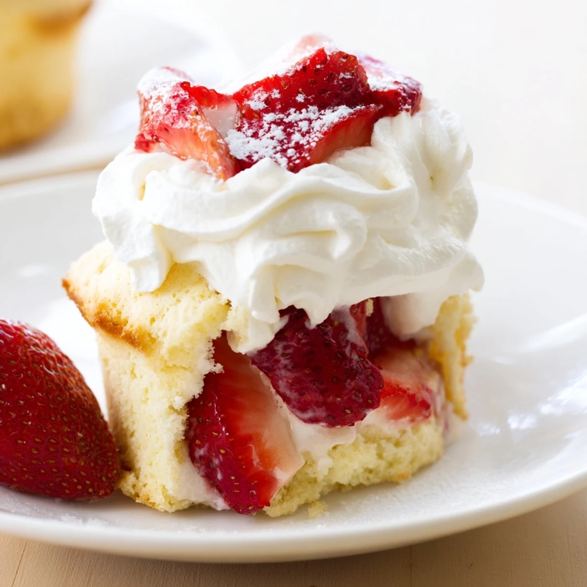 Colorful dessert presentation of Strawberry Shortcake Cups on a white plate, perfect for summer potlucks and picnics.