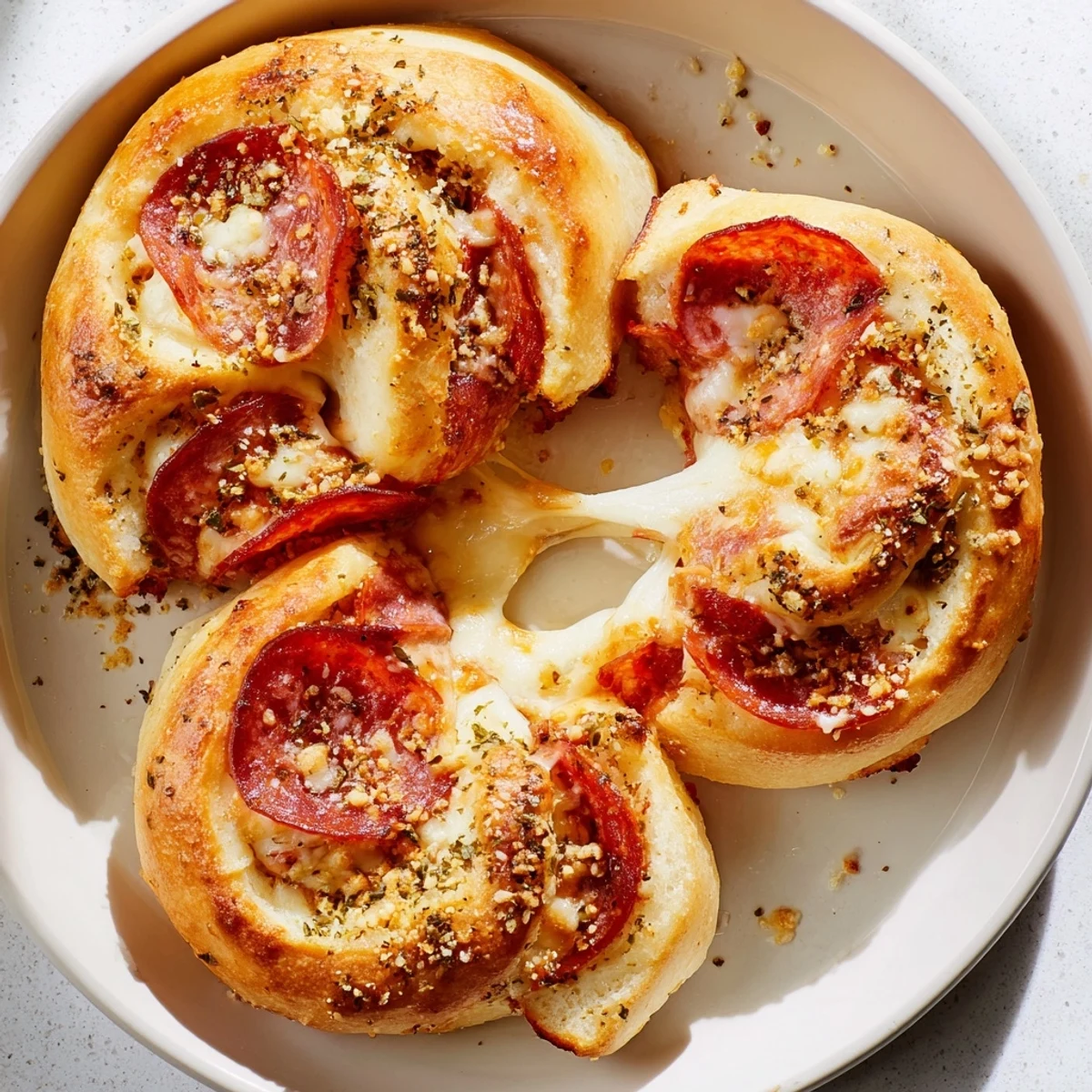 Warm Pizza Rolls with Beef Pepperoni and Cheese release steamy aromas on a party platter with herbs.