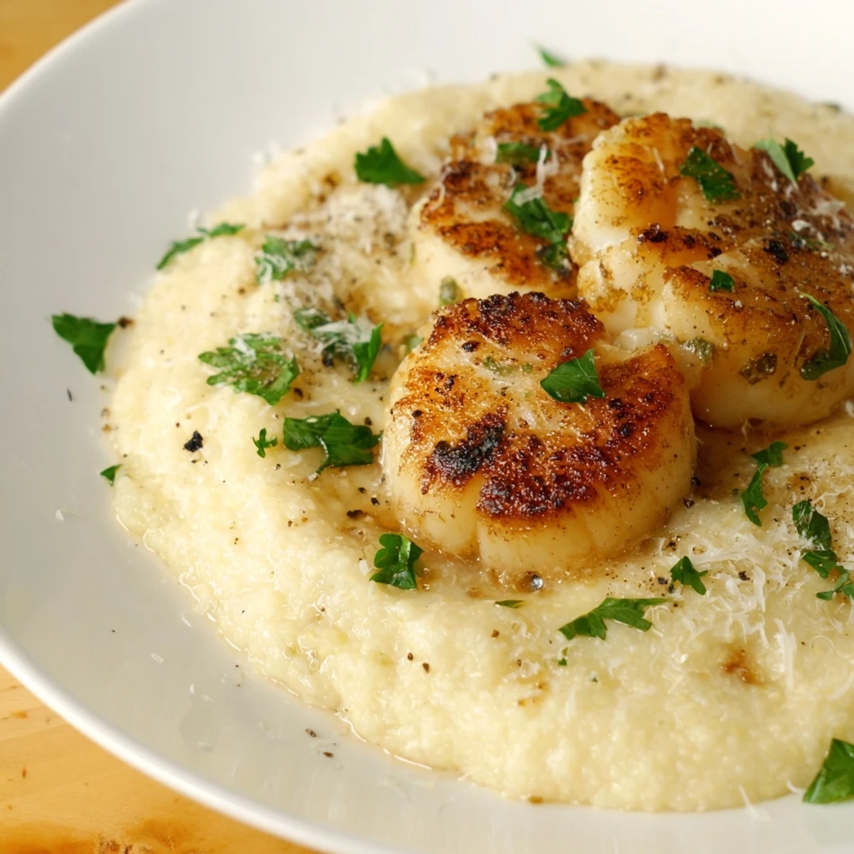 Golden-brown Pan Seared Scallops rest on a bed of creamy Parmesan polenta, garnished with fresh chives.