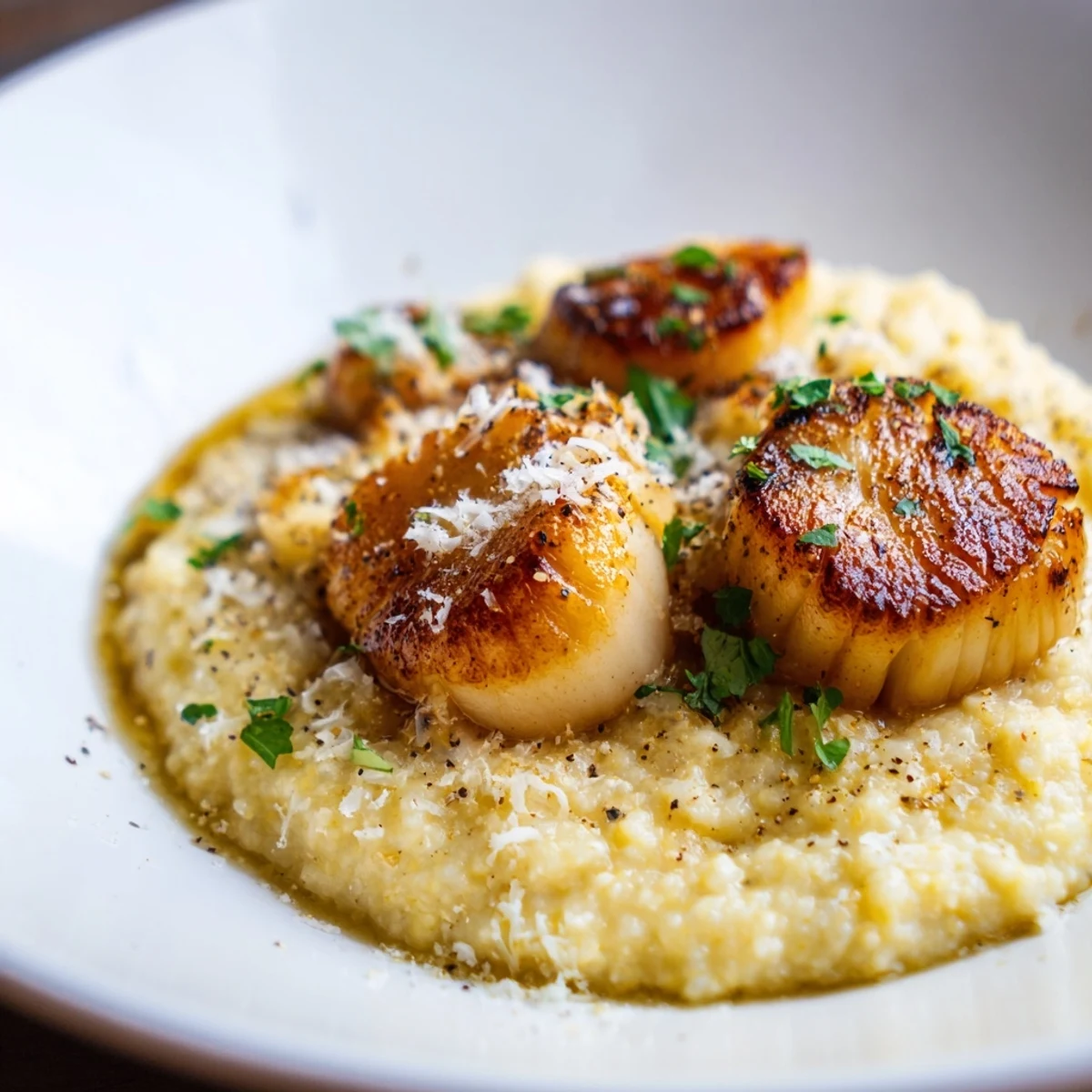 Pan Seared Scallops over creamy polenta are topped with herbs and served with bright lemon wedges.