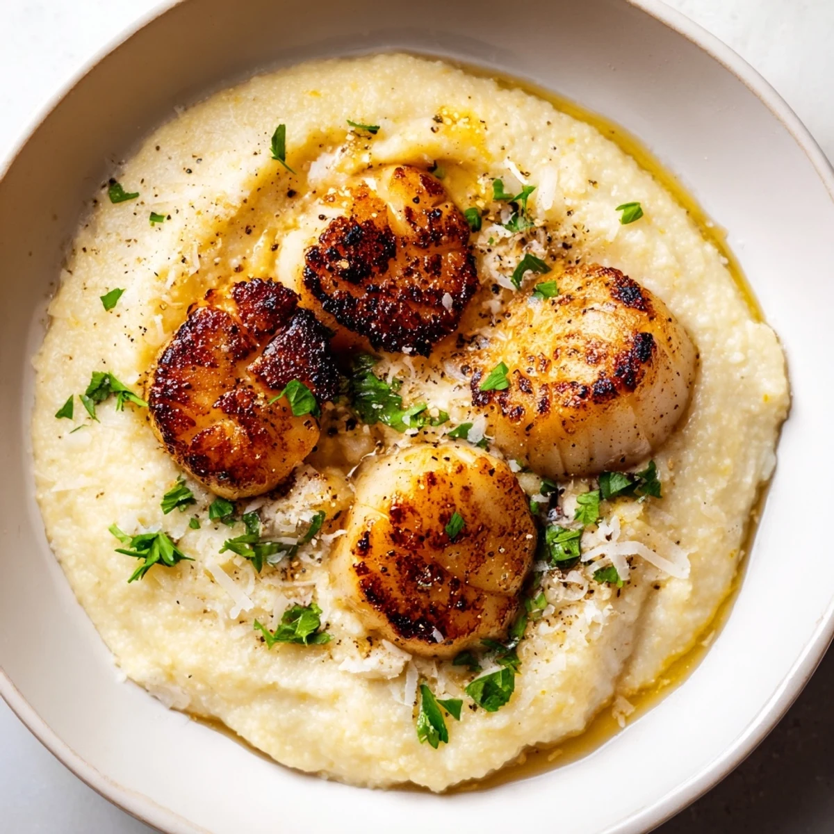 Tender Pan Seared Scallops glisten with butter, sitting atop warm, rich polenta on a rustic dinner plate.