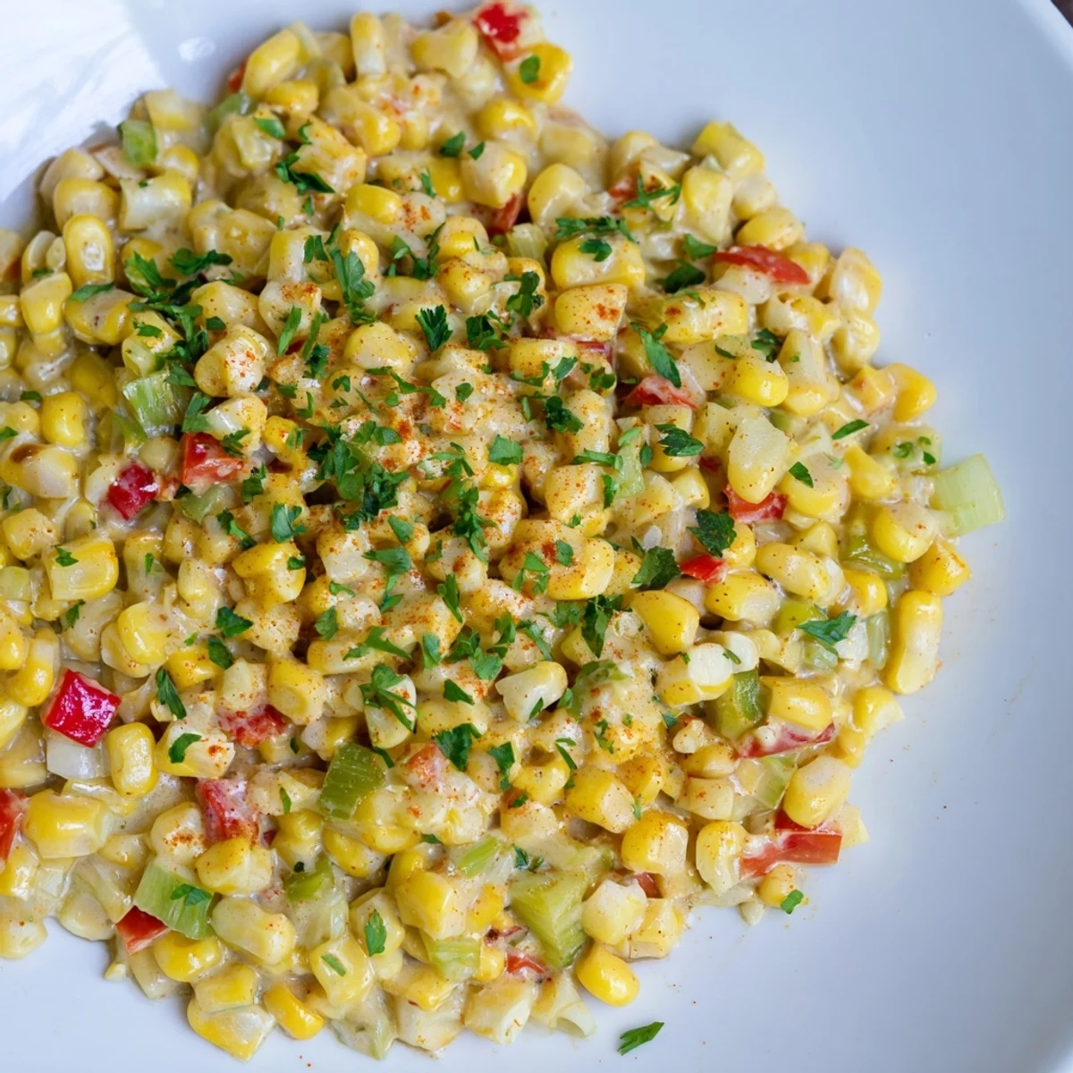 Skillet of Creole Corn Maque Choux with Peppers showing creamy corn and sautéed vegetables.