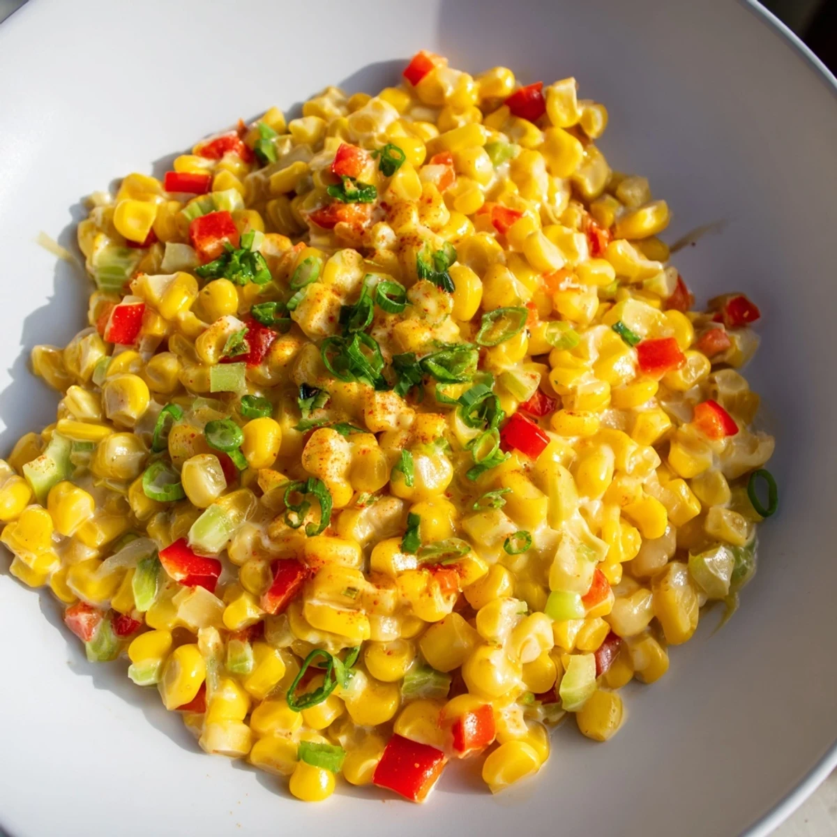 Serving of Creole Corn Maque Choux with Peppers garnished with fresh parsley and scallions.