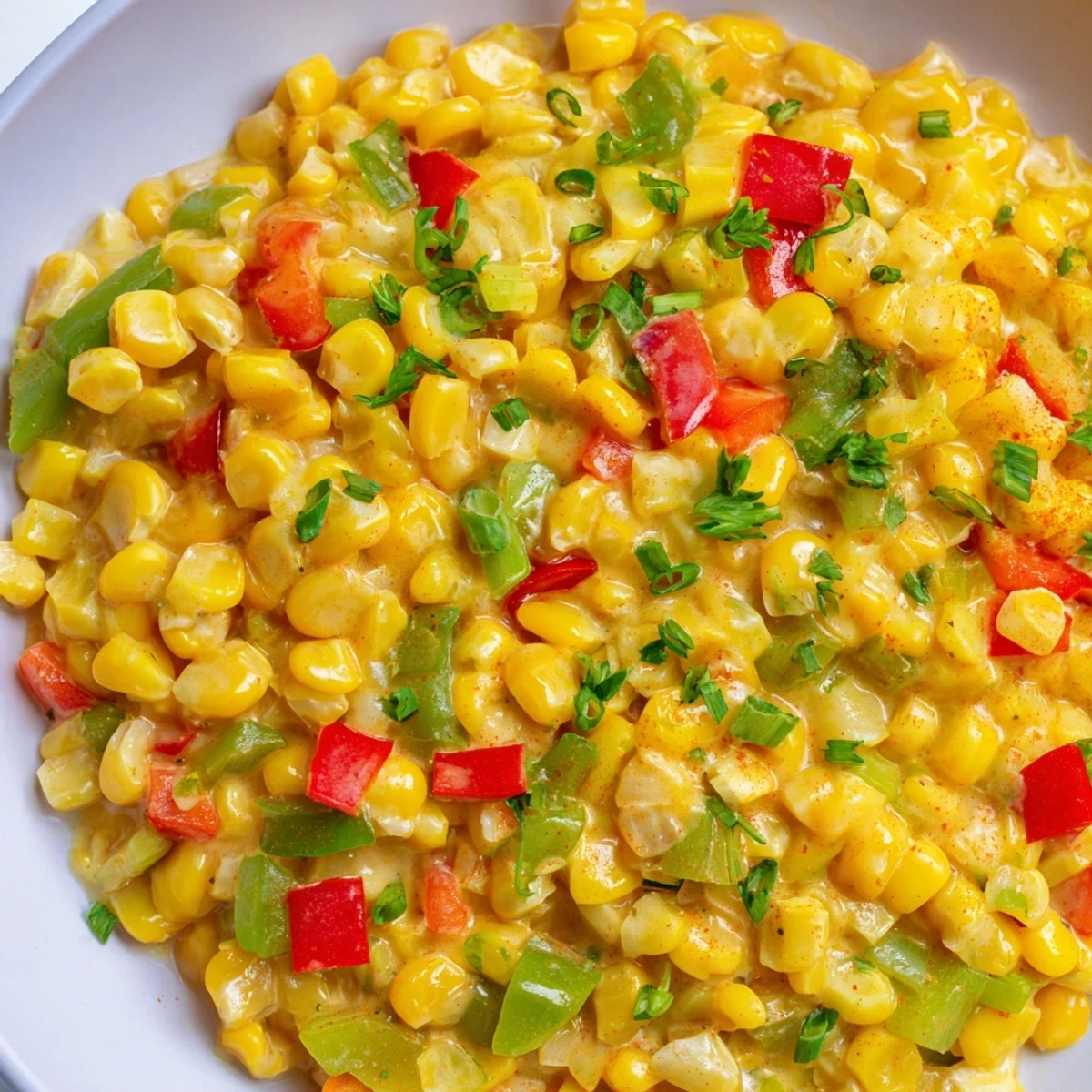 Sautéed Creole Corn Maque Choux with Peppers in a skillet, steam rising from the creamy mixture.