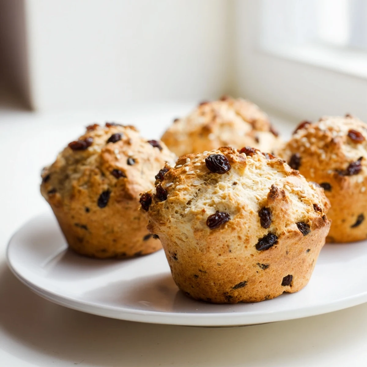 Warm Irish Soda Bread Muffins with Raisins, served on a rustic plate with butter and a drizzle of honey.