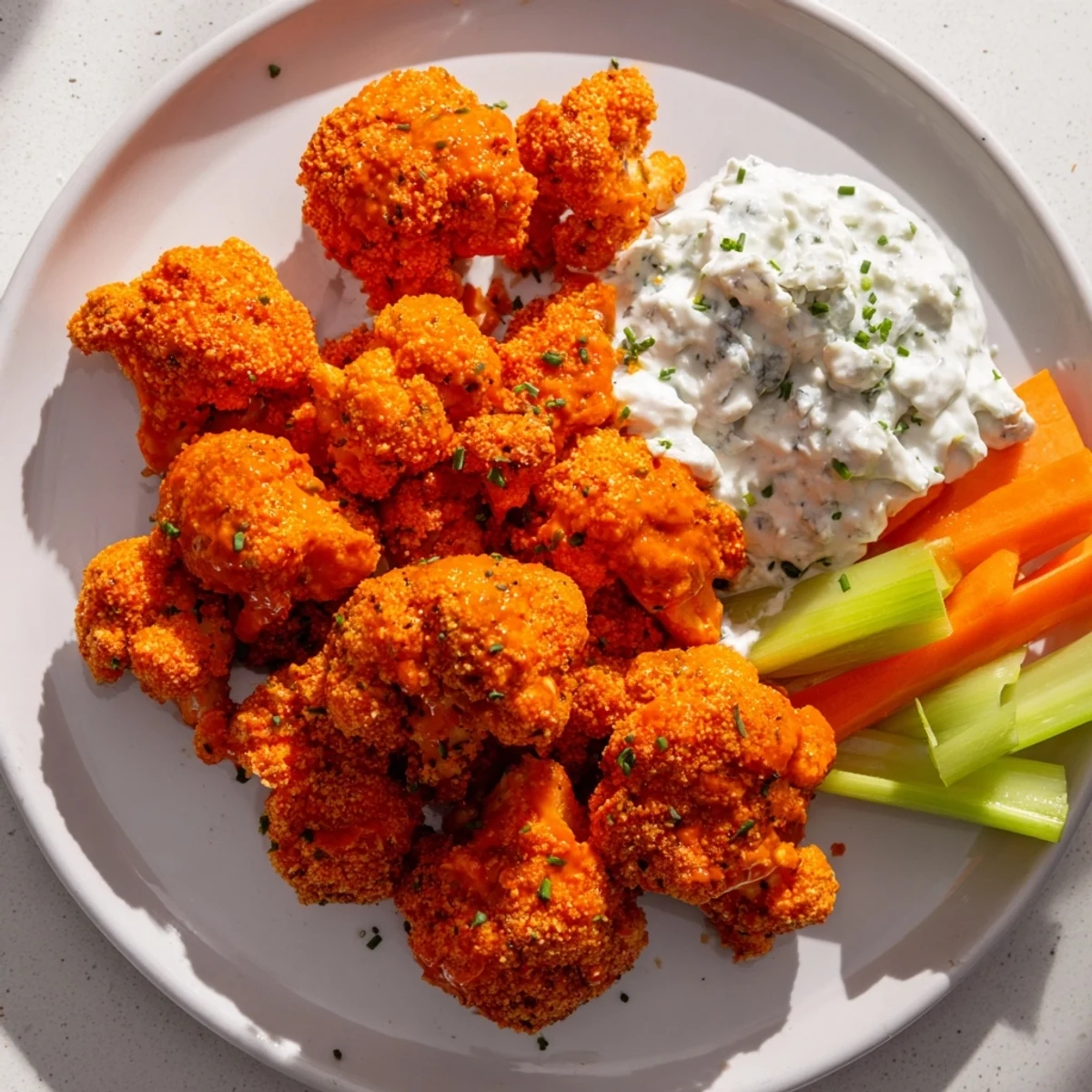 Freshly baked Buffalo Cauliflower Wings with Blue Cheese dip, garnished with celery and carrot sticks for dipping.