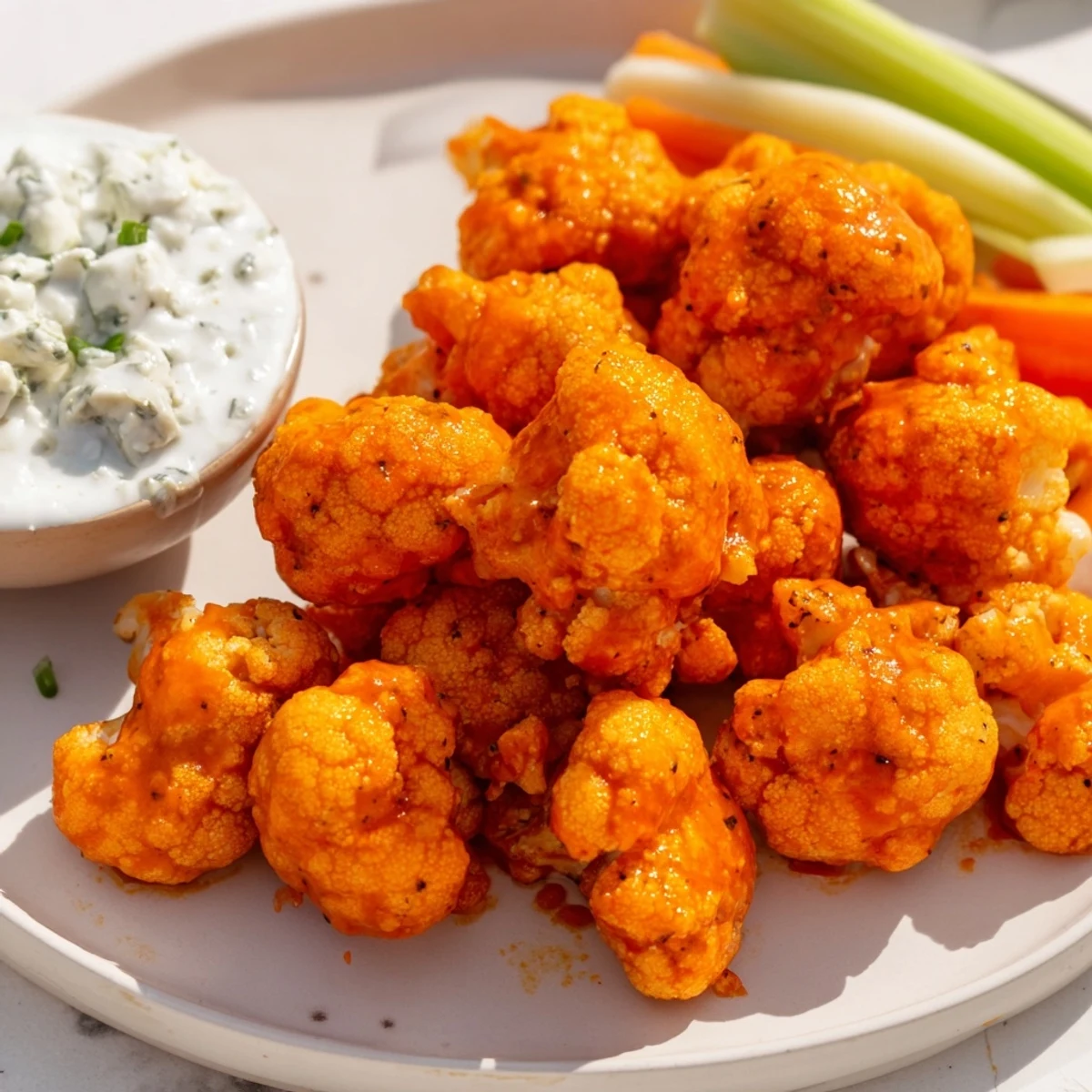 Golden-brown Buffalo Cauliflower Wings tossed in tangy hot sauce, served alongside a creamy blue cheese dip.