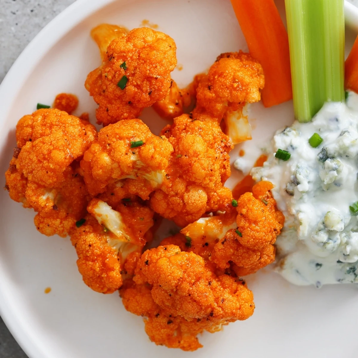 Crispy vegetarian Buffalo Cauliflower Wings arranged on a platter with blue cheese dip and fresh veggies.