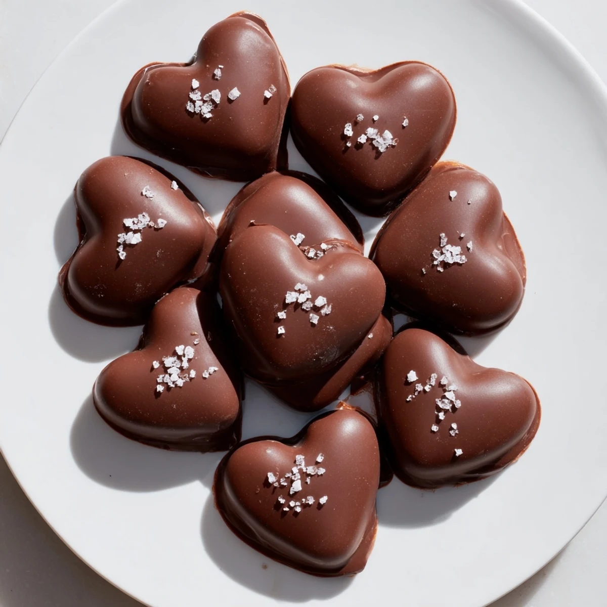 Four heart-shaped Chocolate Peanut Butter Hearts with Sea Salt sit on a cooling rack, their glossy coating shimmering under studio lights.