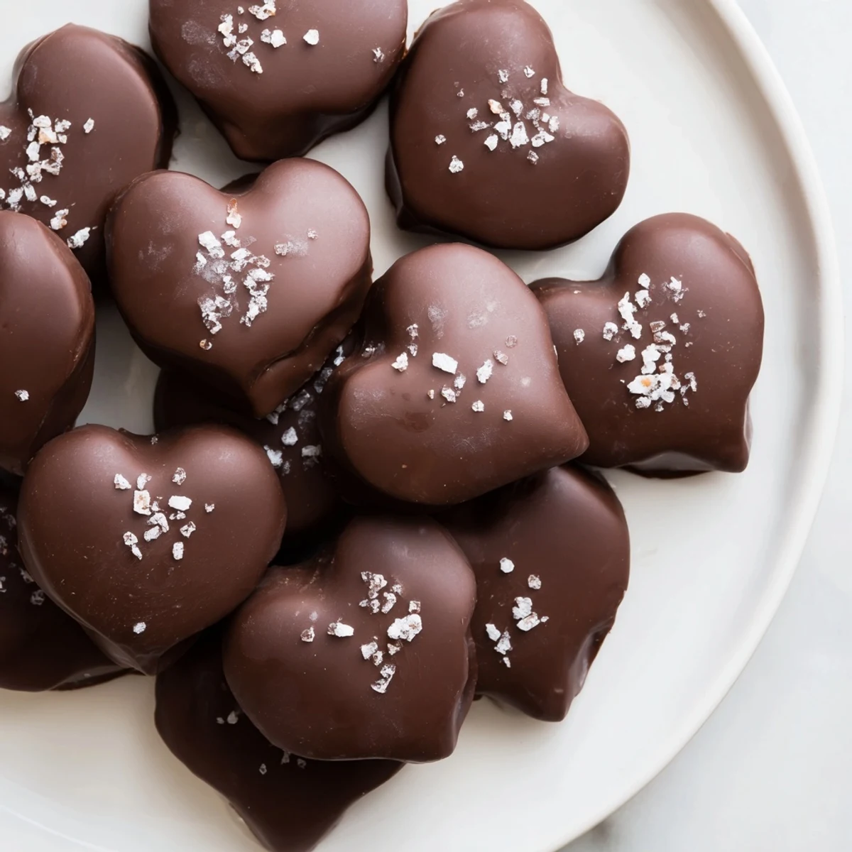 Rich, creamy peanut butter hearts sprinkled with flaky sea salt are packaged in a clear box, ready for a sweet Valentine's Day gift.