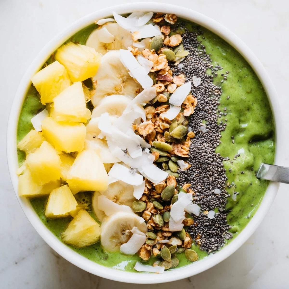 Green Smoothie Bowl with Spinach and Pineapple topped with fresh fruit, granola, and seeds for a vibrant, healthy breakfast.