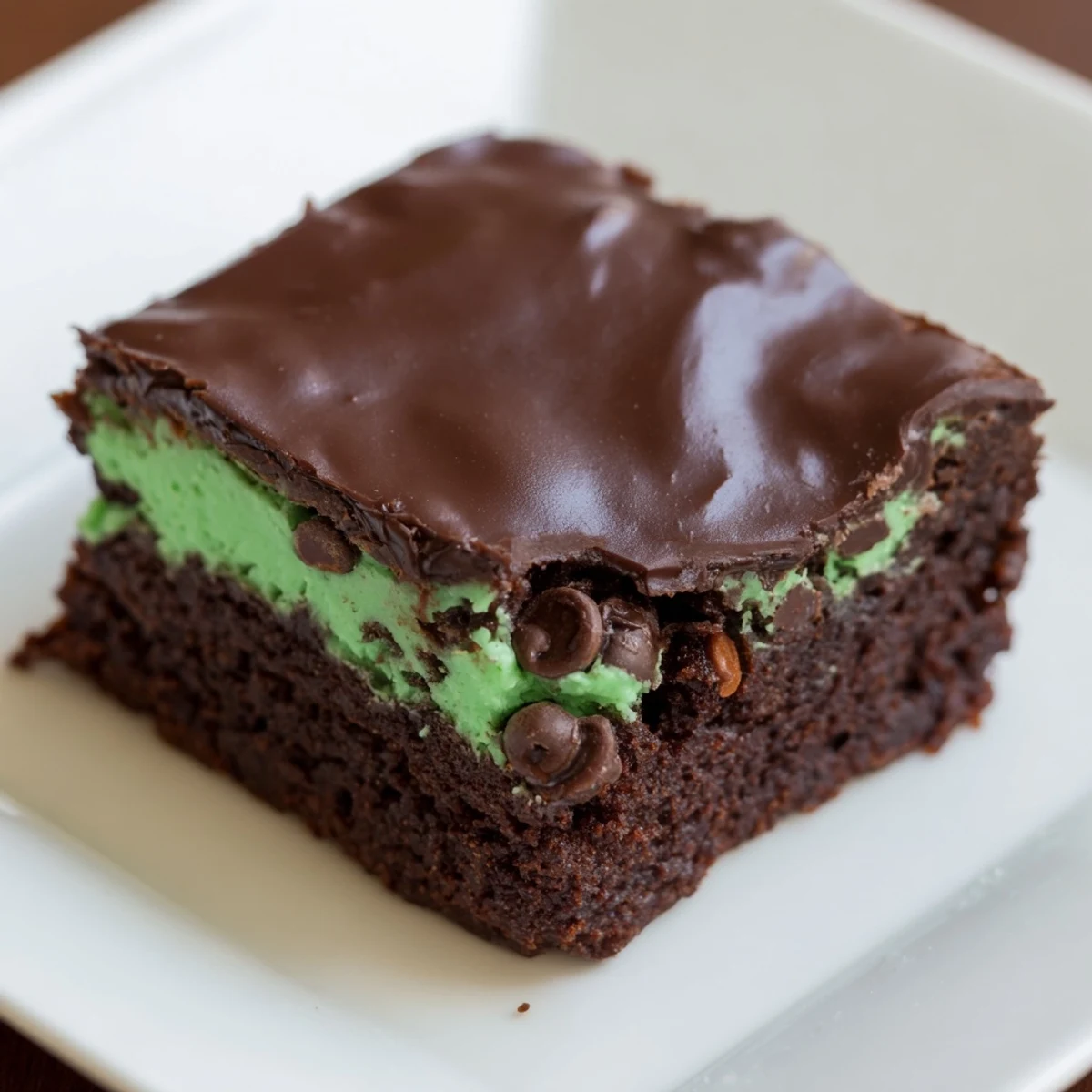 Mint Chocolate Chip Brownies sliced and stacked, showcasing the creamy mint filling and rich chocolate topping in a homey kitchen setting.