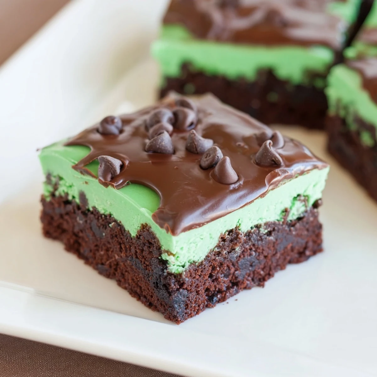 Freshly cut squares of Mint Chocolate Chip Brownies arranged on a white plate, perfect with a glass of milk for an American dessert treat.