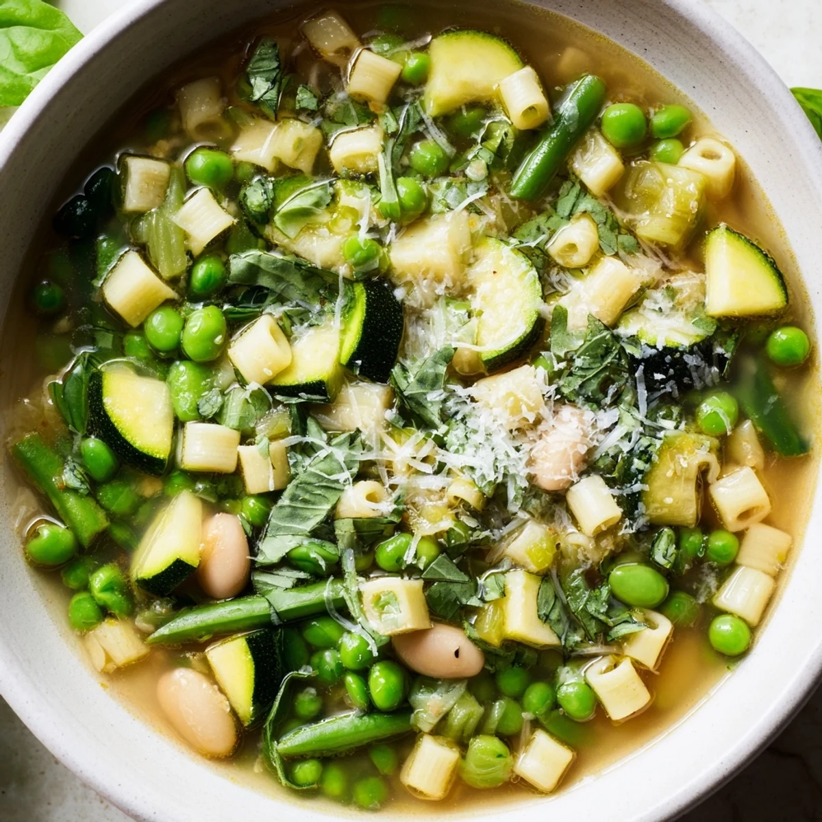 Close-up of vibrant Spring Vegetable Minestrone Soup, featuring tender beans, wilted spinach, and fresh herbs on a cozy kitchen table.  