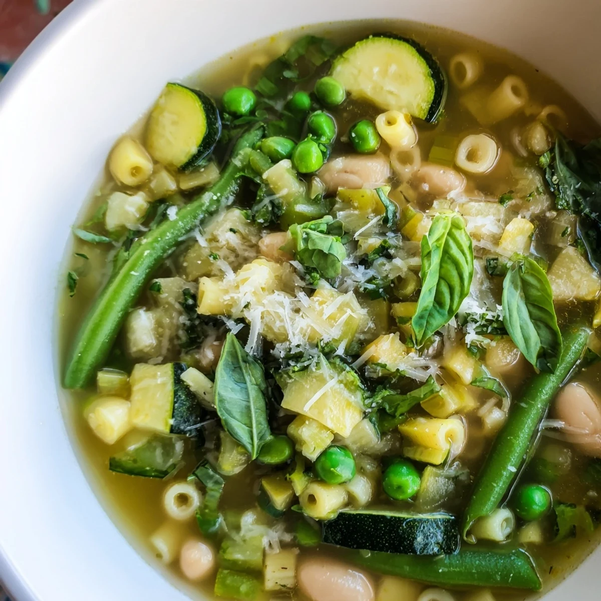Hearty Spring Vegetable Minestrone Soup in a rustic bowl, steaming with colorful peas, green beans, and pasta in savory broth.  