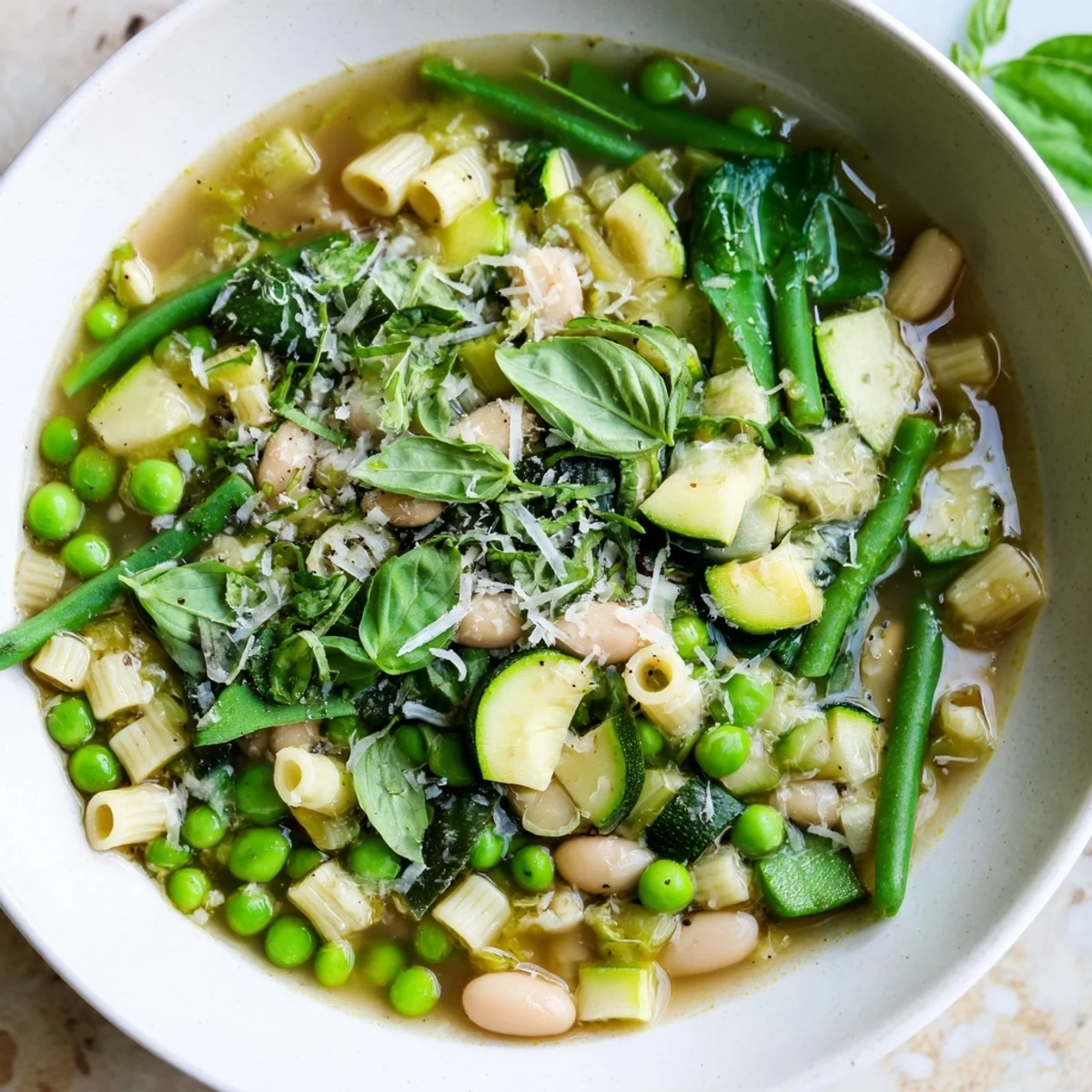 Freshly ladled Spring Vegetable Minestrone Soup served hot, garnished with Parmesan and basil beside a slice of crusty bread.