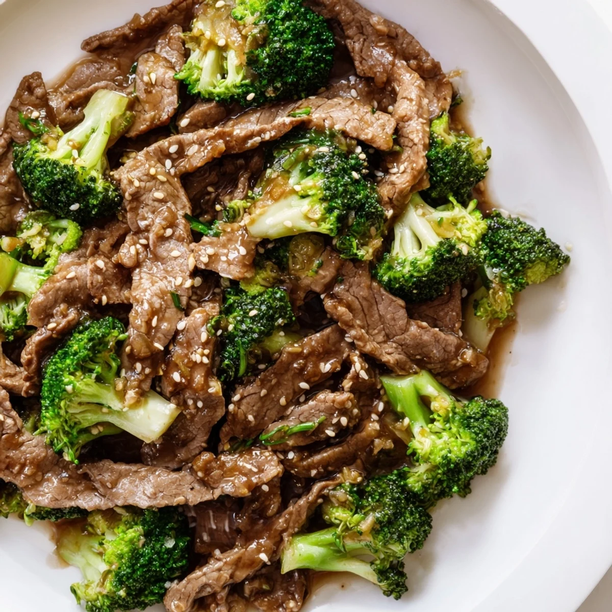 Golden-brown beef slices and bright green broccoli florets drenched in a glossy ginger sauce, served over steaming white rice.