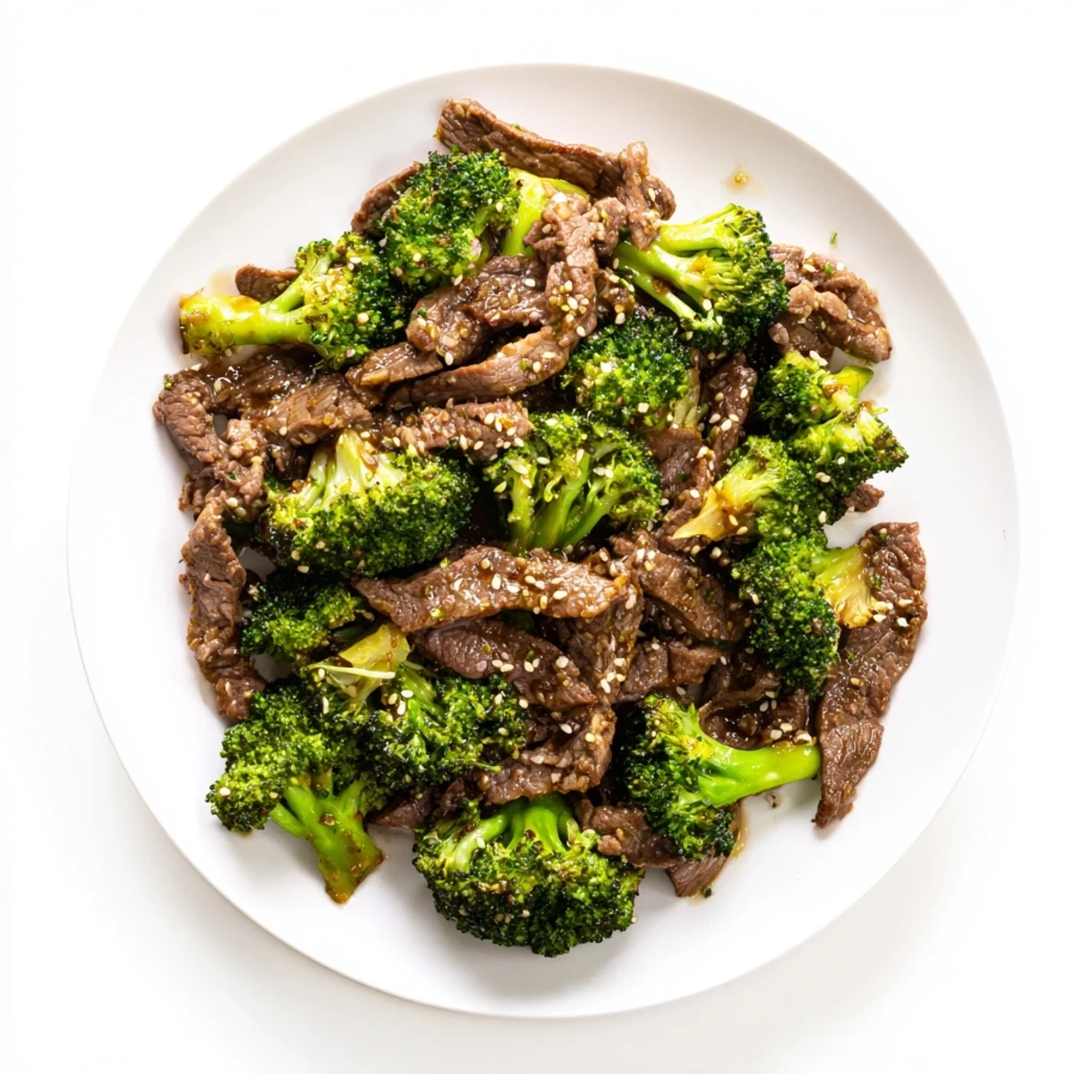 Quick homemade Beef and Broccoli Stir Fry with ginger sauce, garnished with sesame seeds and green onions on a plate.