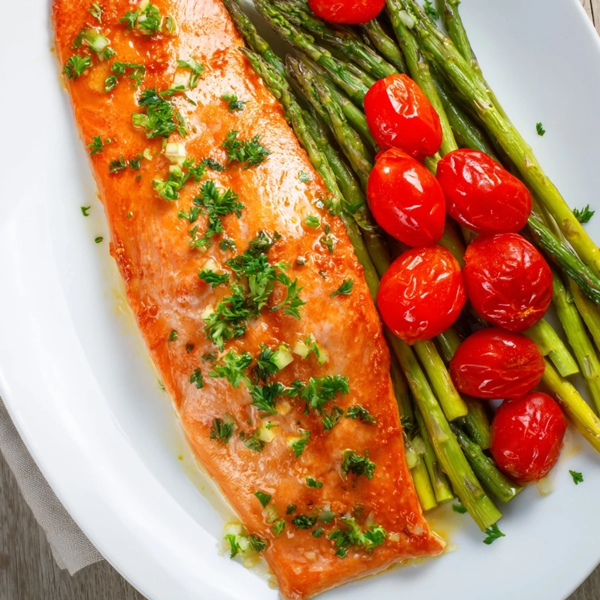 Golden-brown roasted salmon fillets, tender green asparagus, and sweet cherry tomatoes on a sheet pan, garnished with fresh parsley and lemon wedges.