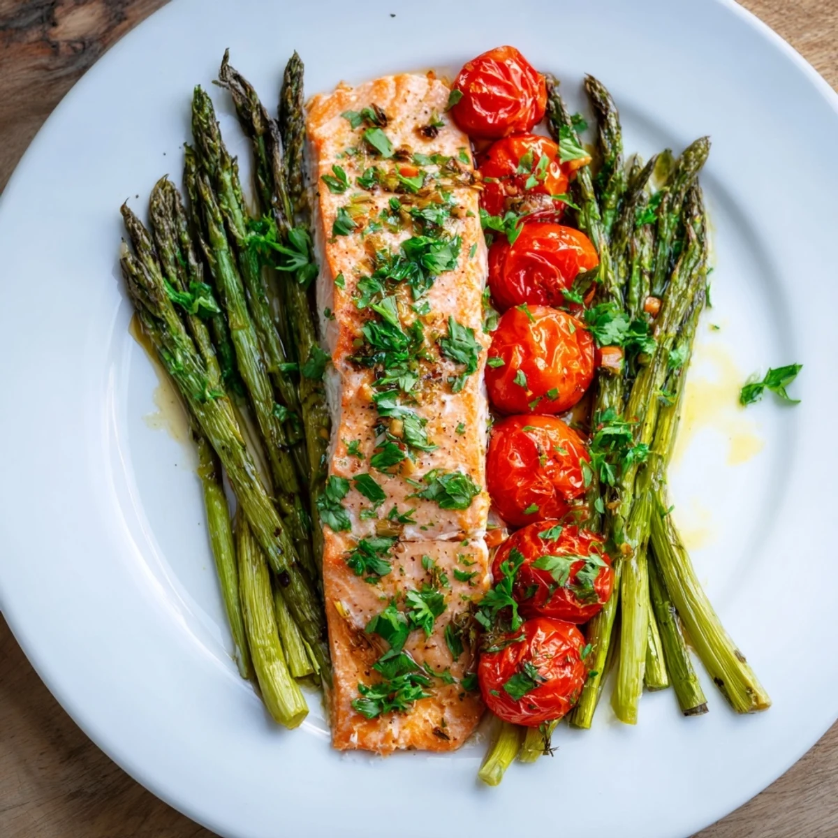 Healthy sheet pan salmon with asparagus and tomatoes, served hot from the oven with a drizzle of olive oil and herbs.