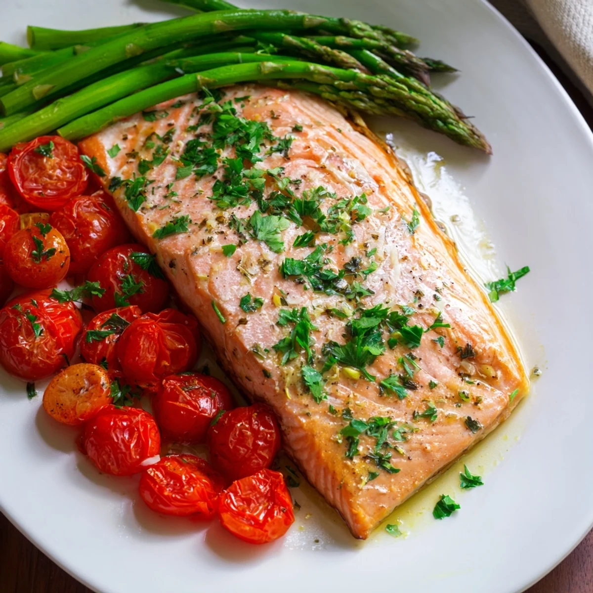 A close-up of flaky lemon-herb salmon alongside vibrant roasted asparagus and tomatoes, creating a colorful and aromatic main dish.