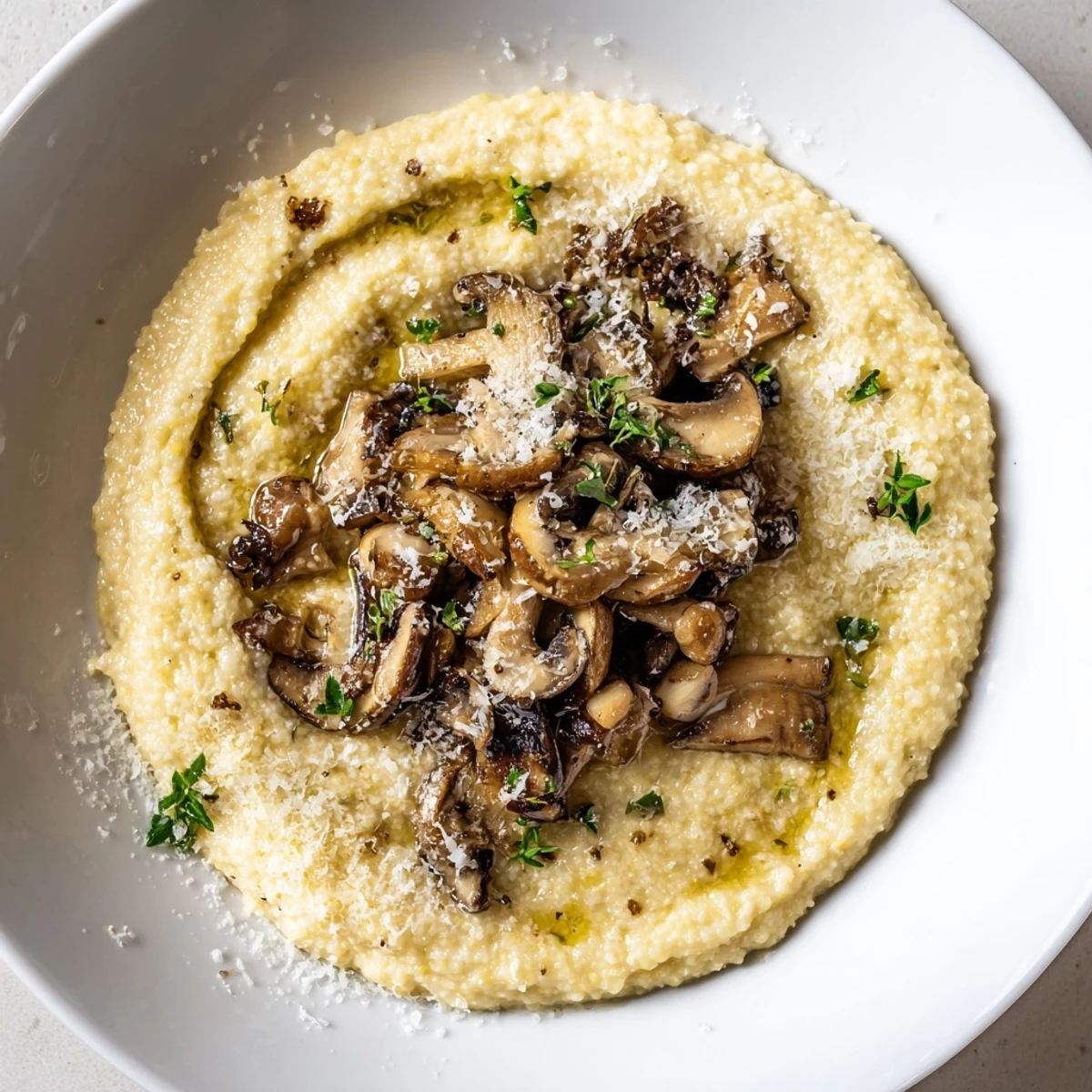 Creamy polenta with roasted mushrooms topped with golden, crisp-edged mushrooms and a garnish of fresh parsley in a rustic bowl.