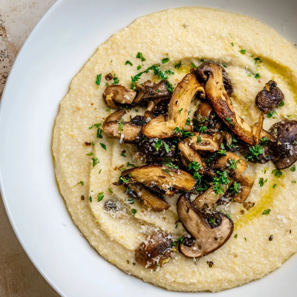 Velvety Italian polenta with savory roasted mushrooms, served warm as a cozy main dish or elegant vegetarian side.