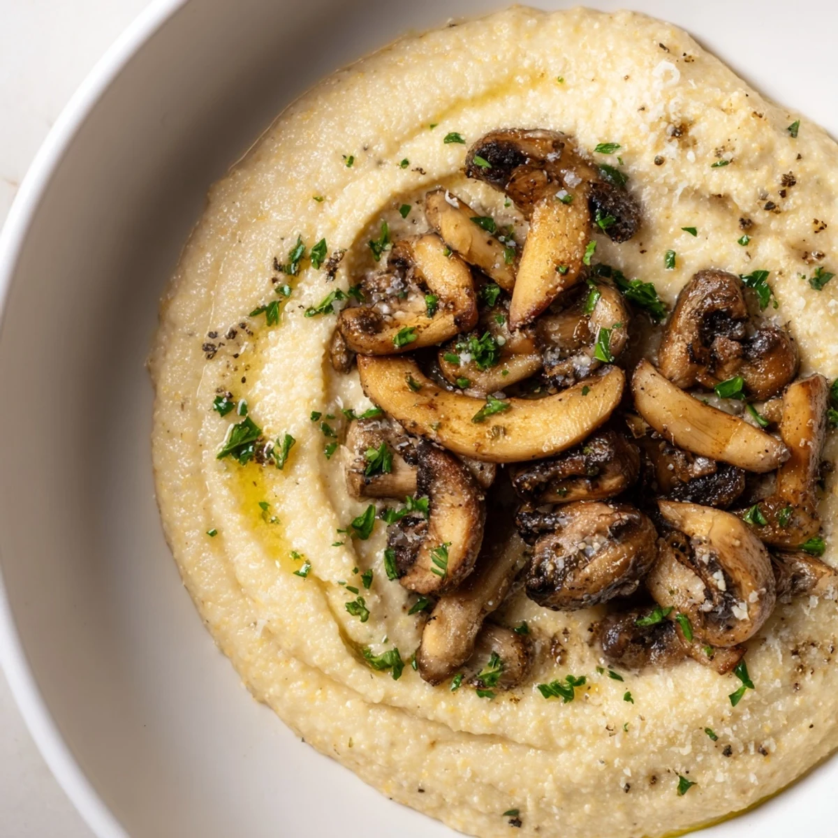 Golden roasted mushrooms atop creamy Parmesan polenta, garnished with thyme and parsley for a comforting, gluten-free meal.