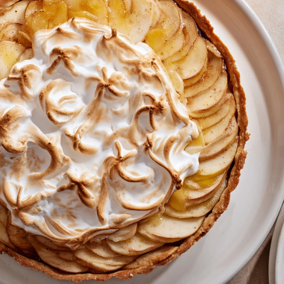 Freshly baked Irish Apple Amber Tart slices revealing tender cooked apples and a cloud-like meringue, ready to serve with whipped cream.  