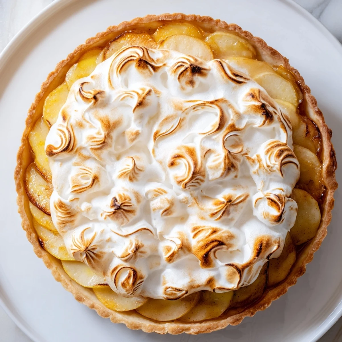 Detailed view of a golden Irish Apple Amber Tart, featuring a buttery crust and tangy apple filling under toasted meringue peaks.