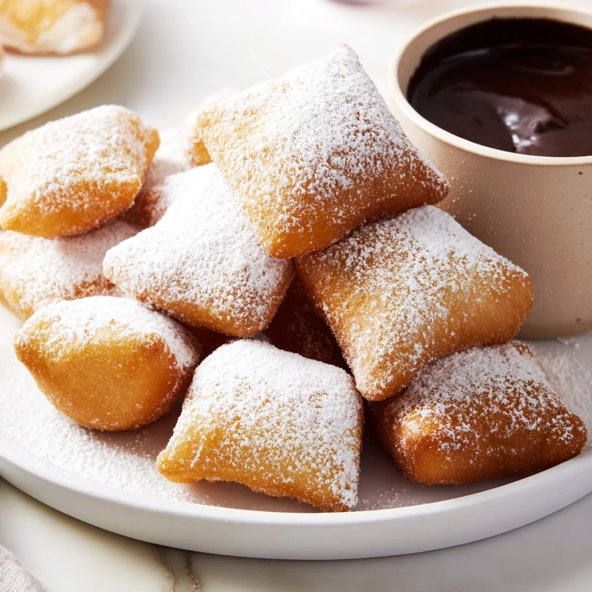 A close-up of golden, pillowy Mardi Gras beignets dusted with powdered sugar, drizzled with silky chocolate sauce on a festive plate.