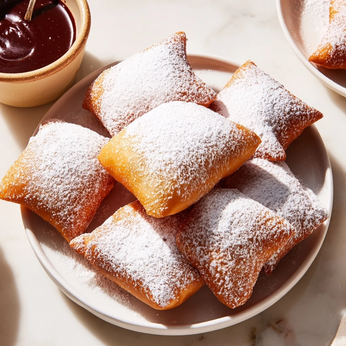 Freshly fried Mardi Gras beignets, light and airy with powdered sugar, paired with a small pitcher of warm chocolate sauce.