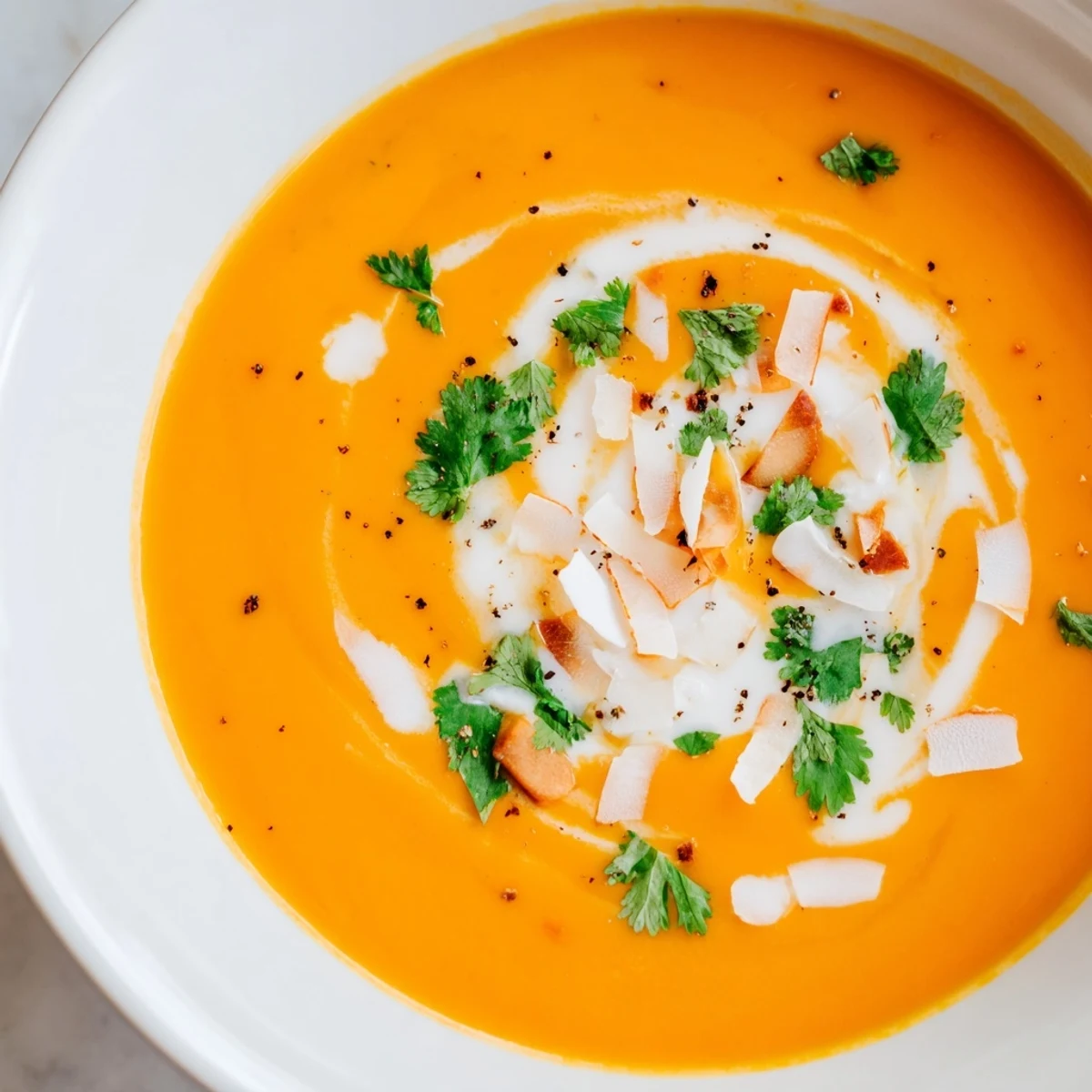 Vibrant Carrot and Ginger Soup with Coconut Milk in a white bowl, garnished with cilantro and toasted coconut flakes.  